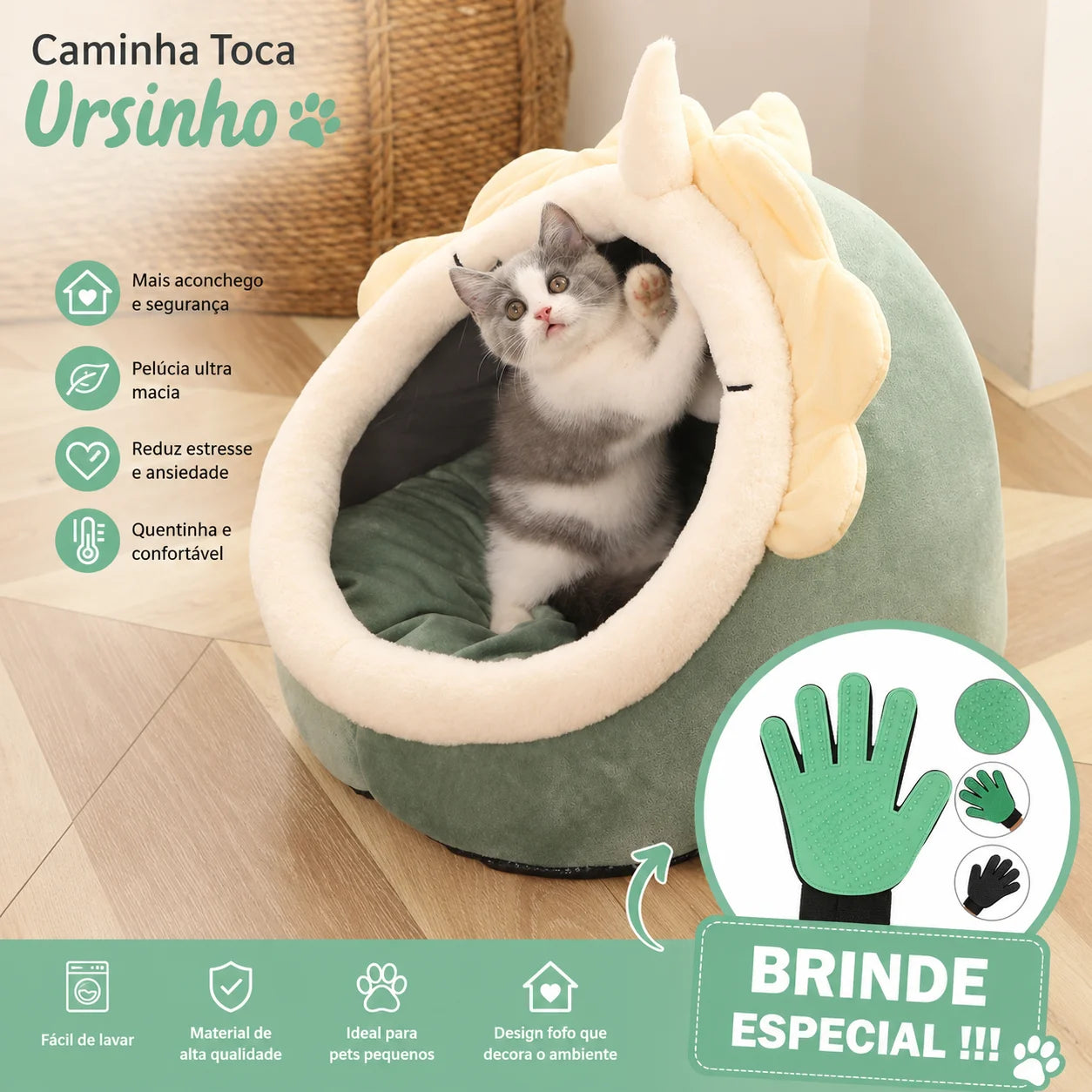 Cama Toca Ursinho para Gatos em Pelúcia + BRINDE: Luva Removedora de Pelos
