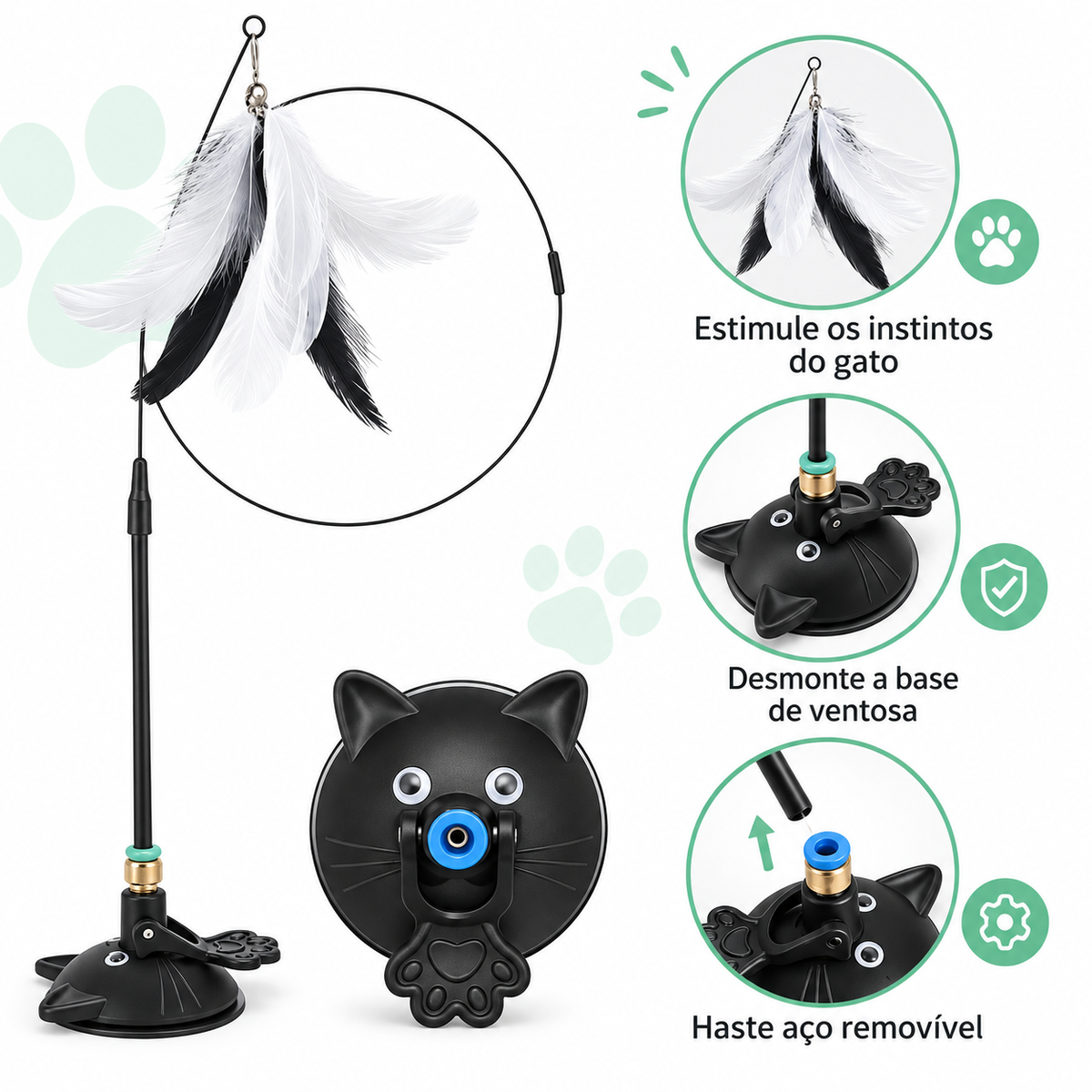 Brinquedo Interativo para Gatos com Varinha de Penas, Ventosa e Haste Destacável – Estímulo, Exercício e Diversão para Felinos