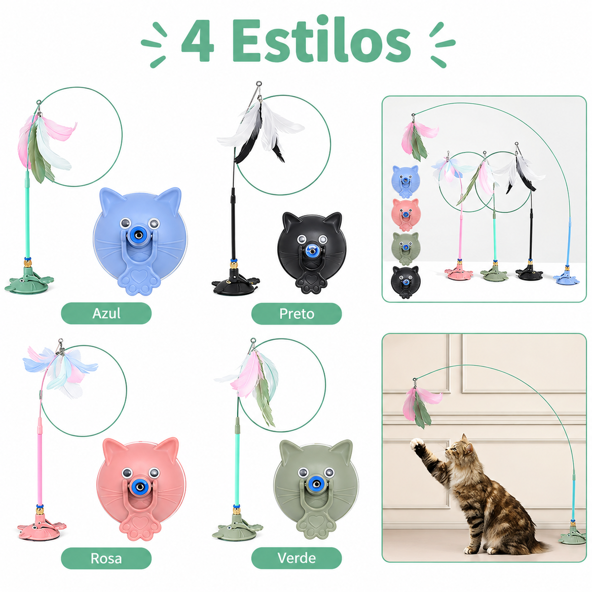 Brinquedo Interativo para Gatos com Varinha de Penas, Ventosa e Haste Destacável – Estímulo, Exercício e Diversão para Felinos
